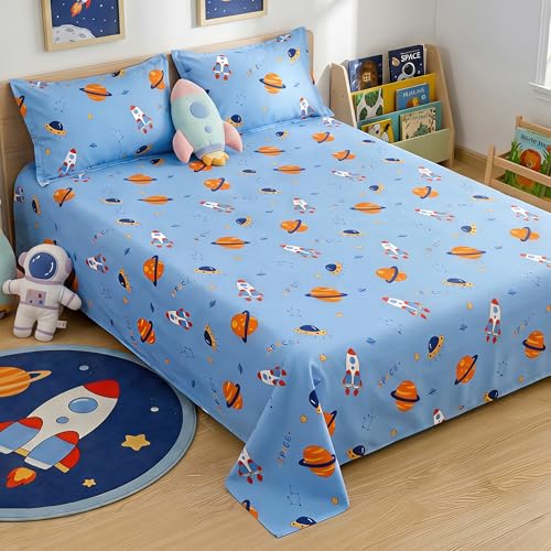 Image of Story@Home Space Theme Kids Double Bedsheet 225x250 cm with 2 Pillow Covers | Cotton Feel 180 TC Soft Fabric | Space Blue Astronaut & Galaxy Design | Breathable & Skin Friendly