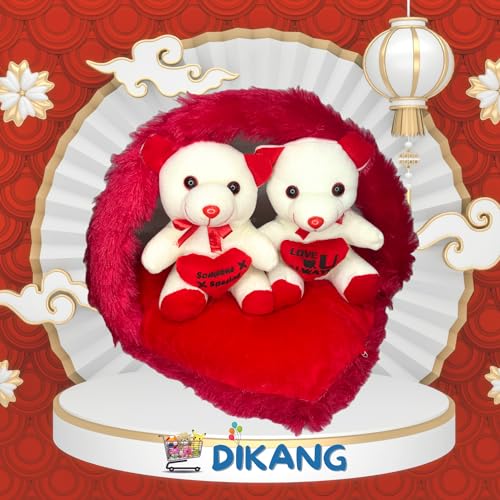 Image of DIKANG Couple Teddy Bear Bouquet with Heart for Valentine's Day Gift | Valentine Gift for Boyfriend /Girlfriend /Husband /Wife - 35cm (Off- White & Red)