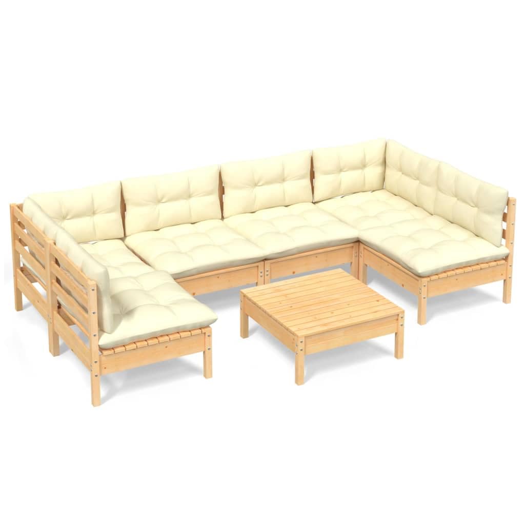 Juego de muebles de jardín de madera maciza de pino de 7 piezas, muebles modulares para terraza y jardín, cojines de color blanco crema, incluye 2 sofás esquineros, 4 sofás centrales y 1