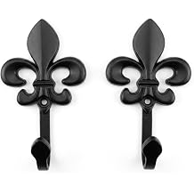 2 Pack Quebec Fleur-de-lis Wall Hooks for Hanging, Decorative Alloy Coat Hooks, Rustic Towel Hooks for Bathroom, Entryway, Bedroom, Hat, Robe, Keys & Door Organization - Black
