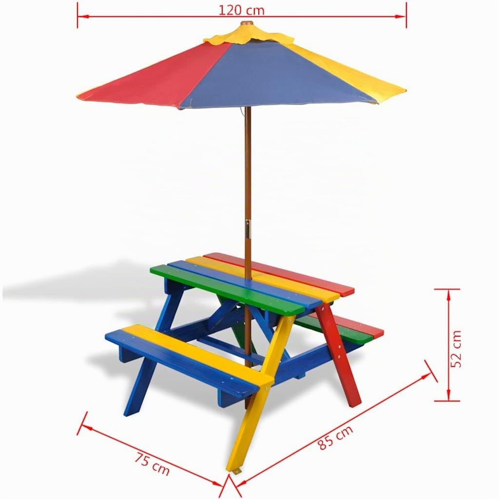 vidaXL Kinderpicknicktafel met banken en parasol hout meerkleurig