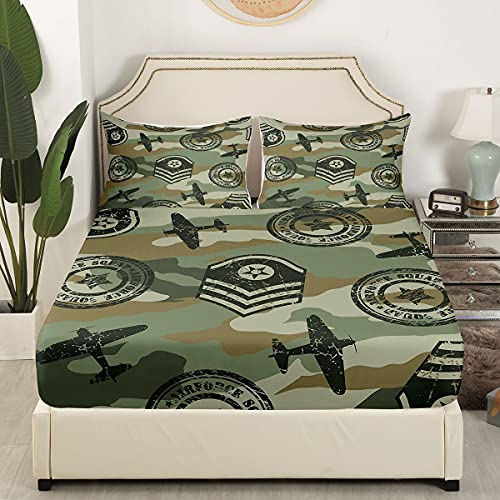 Kids Camo Airplane Bed Sheet Set Camouflage Airplane Decor Bedding Sheets For Teens Boys Military Aircraft Bedding Fitted Sheet Novelty Modern Army Green Bed Cover Bedroom Collection 2Pcs Twin Size #TOP2