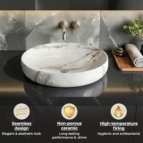 Image of Plantex Basin for Bathroom /Ceramic Table Top Wash Basin /Over Counter Washbasin for Restaurant /Hotel (CRETA-NS-203-Marble Finis, 23 x 15 x 5.5 Inch)