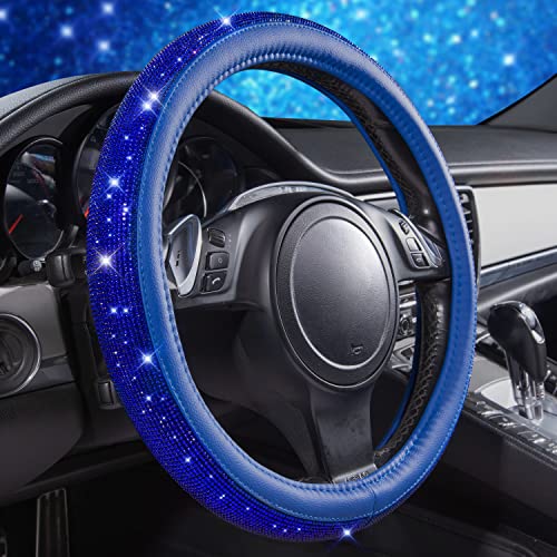 Image of CAR PASS Bling Diamond Leather Steering Wheel Cover, with Bling Sparkly Crystal Glitter Rhinestones Universal Fit 14 inch 1 /2-15 inch Car Wheel Protect for Women Girl Fit Suvs,Vans,Sedans,Cars,Trucks, Blue