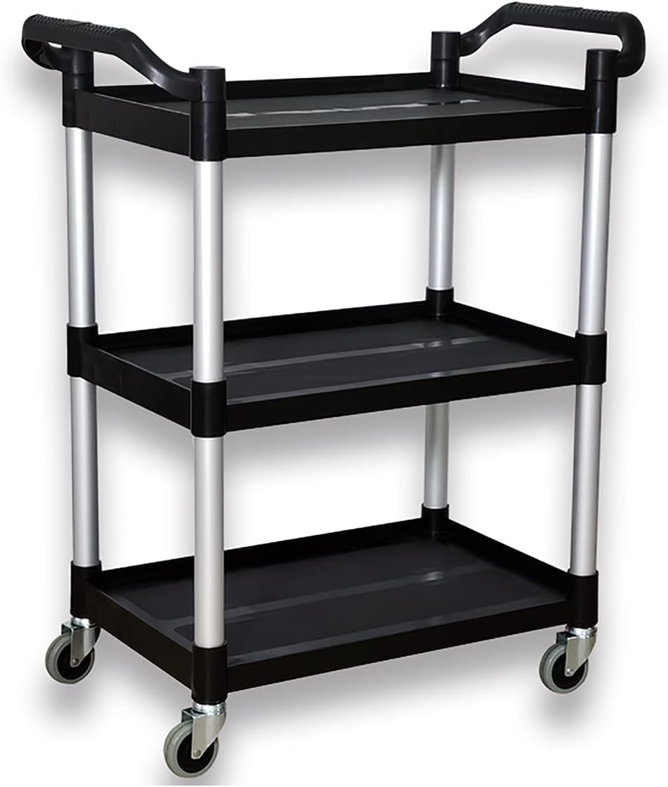 Abacad Plastic Utility Cart with Wheels Lockable, Restaurant Cart, 3 Tire Rolling Food Service Cart for/Home/Office/Warehouse/Kitchen/Workshop,390 Lbs,2 Handles, Black. : Office Products