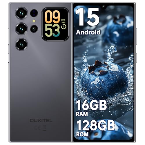 OUKITEL C62 Android 15 Smartphone Ohne Vertrag - 6.88' HD+ Handy mit Rückseitigem Display 16GB RAM+128GB ROM/1TB, 5000mAh Handy Günstig, Dual SIM Simlockfreie Handys/Face ID/GPS/OTG - Schwarz