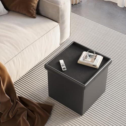 Image of AR Mall 15 Inches Storage Ottoman Cube, Foldable Storage Boxes Footrest Step Stool, Padded Seat for Dorm Living Room Laundry Storage Space, Bed Storage Seat, Toys Storage (38X38X38 CM) (BLACK LEATHER)