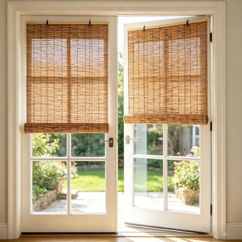 Persianas romanas enrollables para ventanas de interior, tejido natural, aspecto de bambú, filtro de luz, para ventanas, hogar, patio, porche, casa de campo (marrón oscuro, 1,3 x 3 m)