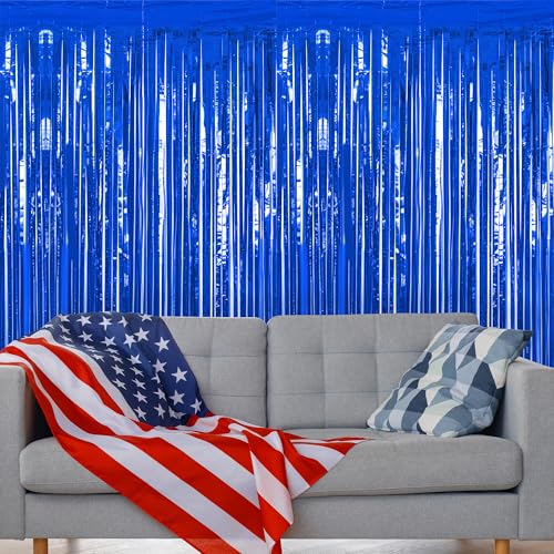 Image of ZATAYE 8 Pack Dark Blue Foil Curtain Streamer Decorations | Dark blue, Metallic Foil, 3.28 x 7.05 FT, Tinsel Backdrop, Foil Curtain Streamer, Party Decorations