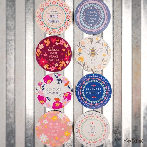 Image of Karma, Boho Inspirational Refrigerator Set of 100, Round Decorative Weatherproof Car and Locker Magnets for Girls Motivational Quotes, Party Favors, School Car Office, Be Happy