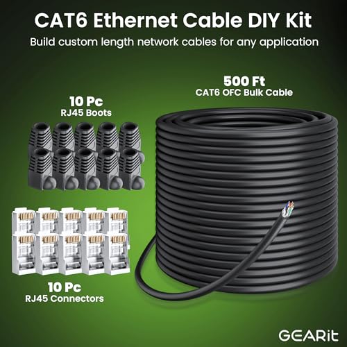 Image of GEARit Cat6 Outdoor Ethernet Cable (Cat 6 DIY Kit - 500ft Bulk Cable | x10 RJ45 | x10 Boot) 23AWG OFC Pure Copper, FTP, LLDPE, Waterproof, Direct Burial, In-Ground, UV, POE, Network, LAN, Internet