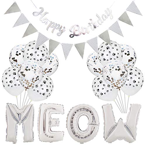 Cat Birthday Party Supplies Decorations Meow Letter Balloons Cat Paw Print Balloons Happy Birthday Banner for Pet Birthday Party Supplies