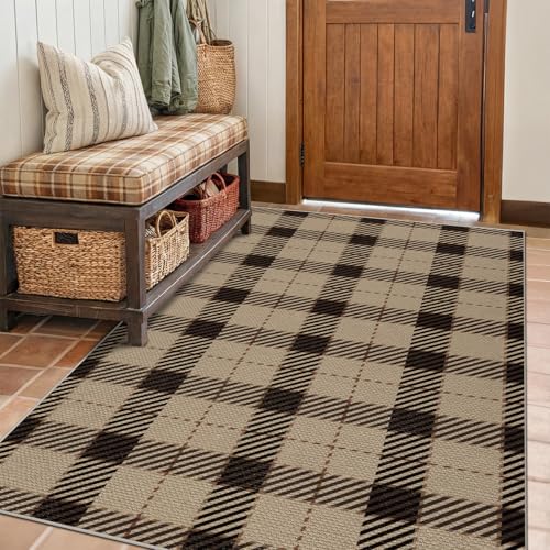 Easy Jute Neutral 4x6 Rugs for Large Entryway, Buffalo Plaid Outdoor Mat for Front Porch, Washable Rugs for Indoor Outdoor Area, Bedroom Bedside, Small Living Room, Non Slip Black and Brown