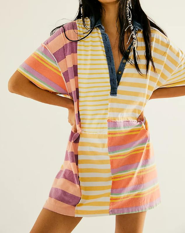 Image of NUFIWI Y2K Striped Shirt Mini Dress for Women Oversized Stripe Tunic Tshirt Dresses Short Sleeve Buttons Loose Fit Tee Dress