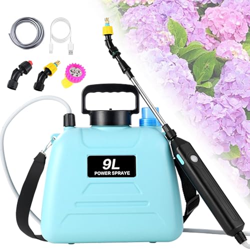 Battery Powered Sprayer 2.4 Gallon, 2025 Upgraded Electric Garden Sprayer, Automatic Power Weed Spray Battery Operated with Adjustable Shoulder Strap and Rechargeable Handle, 3 Mist Nozzles (Blue)