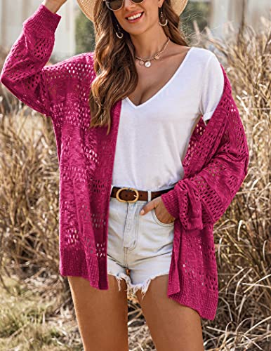 Image of HOTOUCH Lightweight Crochet Cardigan for Women Long Sleeve Open Front Knit Oversized Cardigans Sweaters