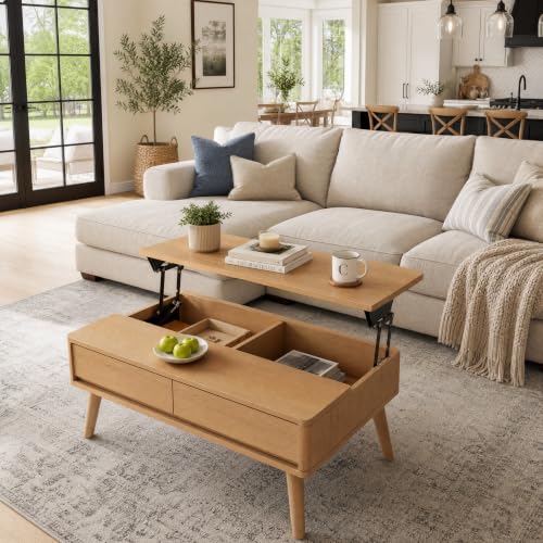 Image of Solid Oak Wood Lift Top Coffee Table for Living Room, Fully-Assembled