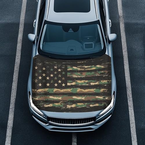Image of American Flag Green Camo Design Car Hood Cover Protector Waterproof Sun-Proof Auto Hood Flag 4th of July Patriotic Decorations Automotive Exterior Accessories