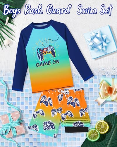 Image of Boys Rash Guard Swim Set with Swim Trunks Bathing Suit Long Sleeve Swim Shirt Quick Dry Swimsuit Kids Swimwear Size 7-16