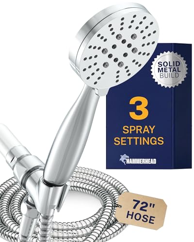 HammerHead Showers® Solid Metal 3-Spray Handheld Shower Head with Long Hose and Holder - CHROME - 2.5 GPM High Pressure Shower Head with Handheld Sprayer - WIDE, MASSAGE, and MIST Sprays