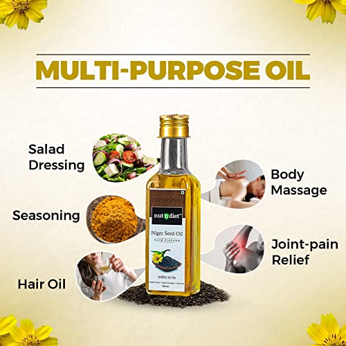 Image of nutndiet Cold Pressed Niger Seed Oil, Heart Healthy Edible Ramtil ka Tel for Cooking, Body Massage and Hair Care, Glass Bottle 100ml