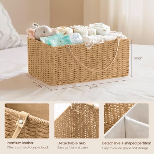 Image of HBlife Large Baby Diaper Caddy Organizer, Paper Rope Storage Baskets Nursery Bin with Removable Divider, Portable Car Organizer for Diapers, Baby Shower Gifts, Newborn Essentials Must Haves