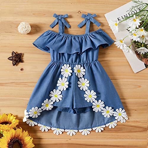 Babecute Toddler Baby Girl Summer Clothes Denim Daisy Floral Print Ruffled Off Shoulder Romper Jumpsuit Chambray Romper Girls Dress(2-3T), 2T #TOP1
