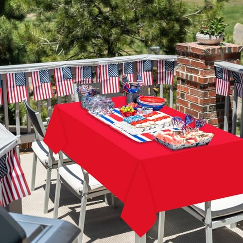 Image of 12 Pcs Plastic Tablecloths, Disposable Rectangle Red White Blue 54 x 108 Inch Waterproof Table Covers for 4th of July Patriotic Independence Memorial Veterans Day Party Decorations