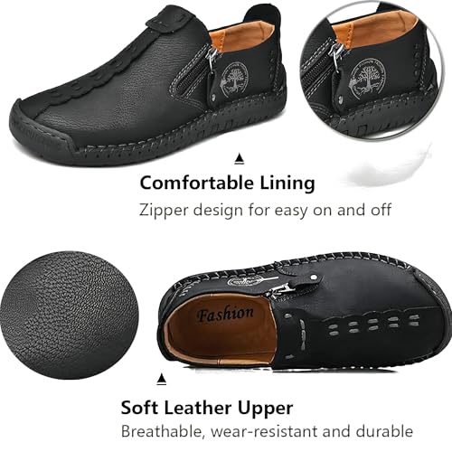 Men's Loafers Shoes Casual Handmade Walking Breathable Comfortable Leather Stitching Office Business Zipper Flat Moccasins3