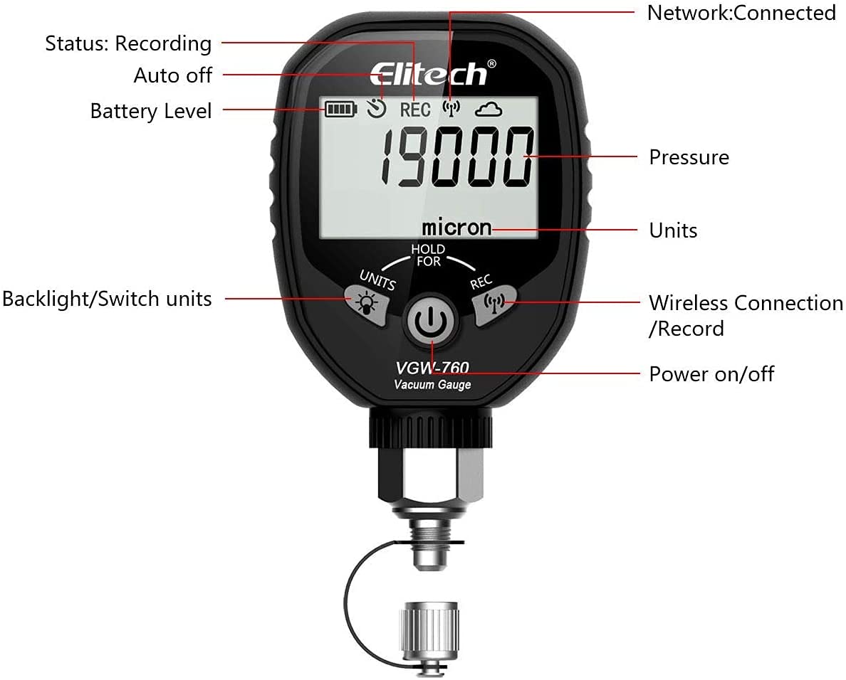 Elitech VGW-760 Wireless Refrigeration Digital Vacuum Gauge Micron Gauge HVAC Vacuum Pressure Temperature Tester Leakage Test Alongwith Factory Calibration Certificate 1