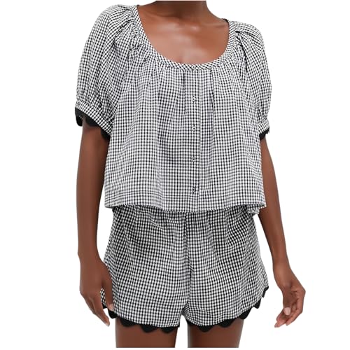 VAOYIU Two Piece Sets for Women Casual Summer Gingham Outfit Puff Sleeve Crew Neck Top Matching Shorts Set with Scalloped Hem