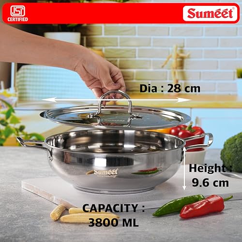 Image of Sumeet ISI Certified Stainless Steel Kadai with Steel Lid & Encapsulated Heavy Bottom |Induction and Gas Compatible | 3.8Ltr Capacity - 28cm Dia, Silver