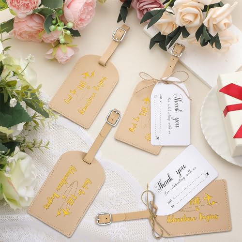 Sweetude 48 Sets Leather Luggage Tag Bulk and So The Adventure Begins Luggage Tags with Name Card for Wedding Bridal Shower Bachelorette Honeymoon Travel Graduation Gifts(Apricot)