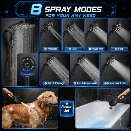 Image of Veken 14 inch Luxurious Shower Head with Handheld,Full Body Coverage,Power Wash | Magnetic Hand Held,Best Dual Rain Shower Heads Combo,Large Rainfall,Double Detachable Showerhead,Ducha Para Bano,Matte Black