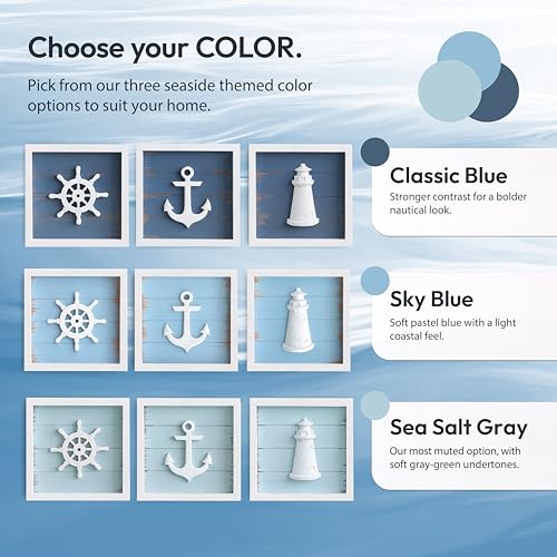 TideAndTales 3D Nautical Wall Decor (7"x7"), Coastal Theme Home Decorations with Anchor, Lighthouse and Ship Wheel, Rustic Ocean Inspired Bathroom Decor - Nautical Gifts - Framed Set of 3 - Image 6