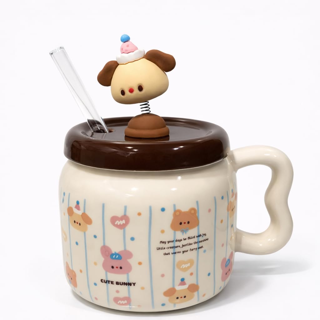 Vasukie Spring Dog Coffee Mug with Lid & Glass Spoon, Mugs for Coffee, Rakhi for Brother, Birthday Gift, Ceramic Mug, 3D Spring Dog Coffee Mug (Spring Dog)