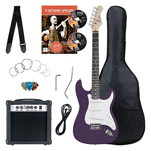 Rocktile Banger's Pack Kit de Guitarra Eléctrica Completo - Guitarra electrica con 3 Single-Coil pick-up - Juego con amplificador, bolsa, correa, cuerdas de repuesto y cable - Lila