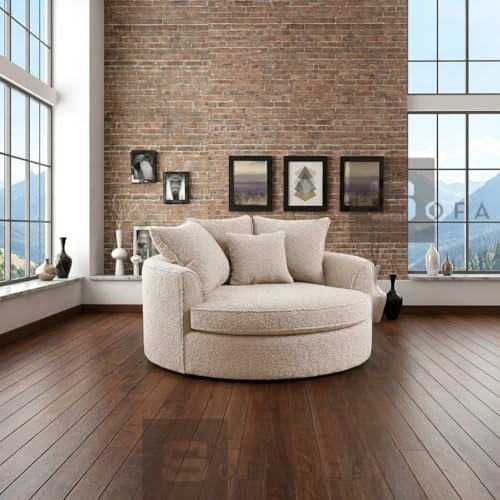 Image of SOFALIZE - Modern Barrel Accent with Pillows Round Sofa Combines Contemporary Design Oversize Arm Chair Cozy Club Chair for Bedroom, Living Room, Lounge, Hotel & Office, Hallways Sofa (Beige Boucle)