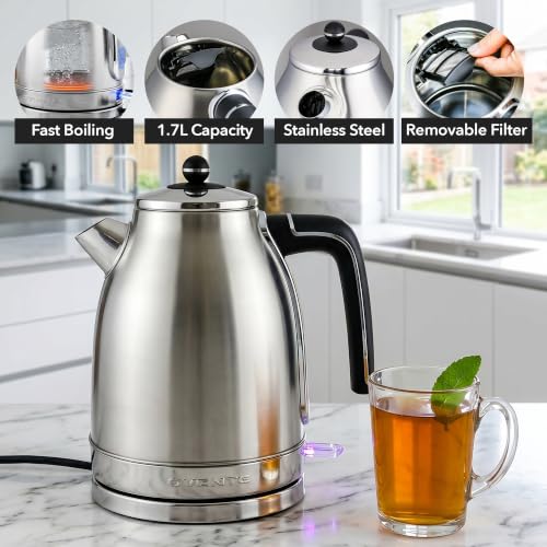 Image of OVENTE 1.7L Stainless Steel Electric Kettle, 1500W Power, Silver KS777S | Fast Boiling Heater, BPA Free, Cordless Body Design, Auto Shut-Off, Boil-Dry Protection, Indicator Light and Removable Filter