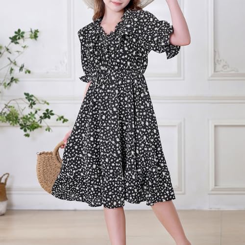 Girls Dresses Short Sleeve Floral Dress Kids Casual Boho Dress V Neck Ruffle Smocked High Waist Midi Outfit2