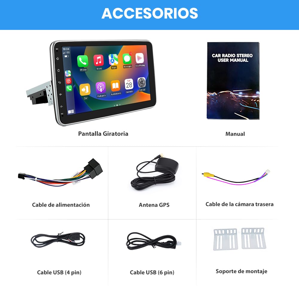 AWESAFE Android 13.0 [2GB+32GB] Radio de Coche 1 DIN Universal con Pantalla Táctil Giratoria de 10.1 Pulgadas, con Carplay/AndroidAuto/Mandos de Volantes/WiFi/GPS/Bluetooth/DSP/RDS/USB/FM/MirrorLink