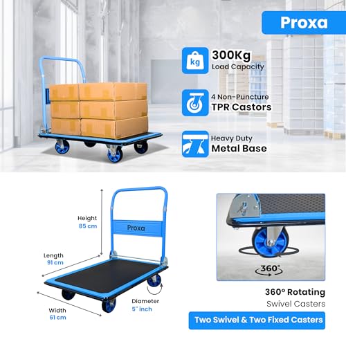 Image of Proxa 300 kg Steel Foldable Platform Trolley | Heavy Duty Material Handling Cart with 5 Inch Wheels | Portable Goods Trolley for Warehouse, Office, Home & Industry Use (91 x 61 x 85 cm)