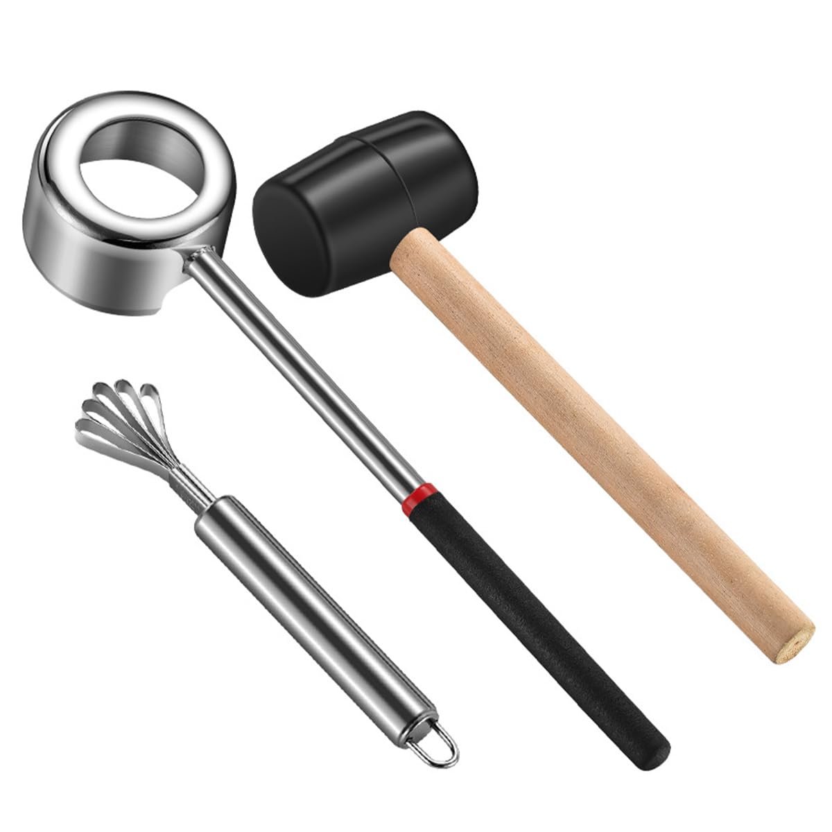 Set di 3 Attrezzi per Aprire il Cocco, Perforatore di Gusci di Cocco, Martello di Gomma con Manico in Legno, Tappetino in Silicone Antiurto