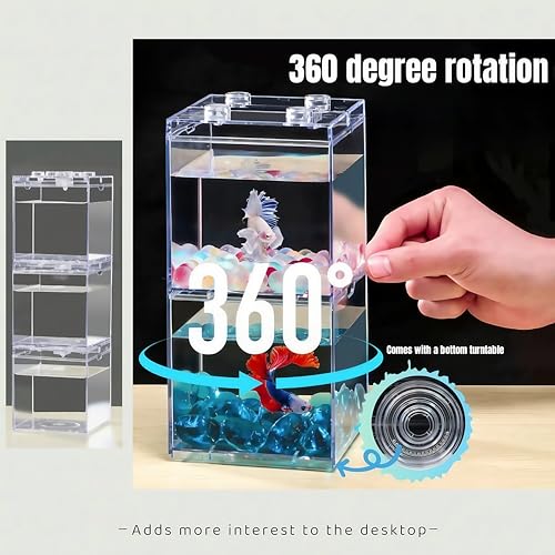 Image of Mini Betta Fish Tank, Stackable Small Fish Bowl for Desktop Decoration, 0.2 Gallon 360 Rotatable Tiny Aquarium Kit with Gravels & Resin Crystal Cluster for Sea Monkey, Shrimp