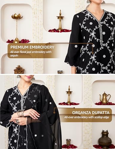 Image of Amazon Brand - Myx Women's Embroidered Kurta Pant Set with Organza Dupatta (Available in Plus Sizes)