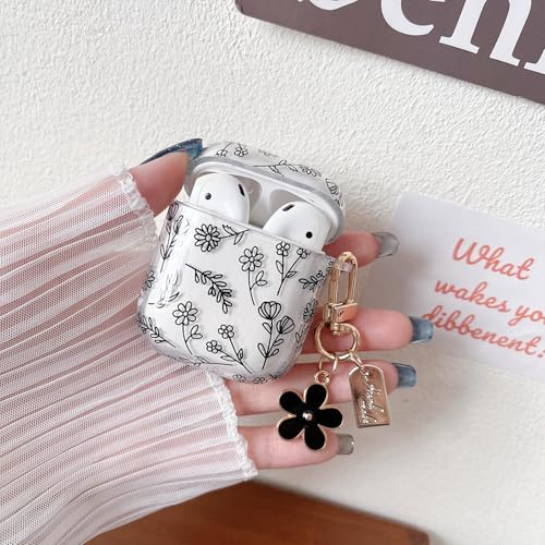 Image of MINSCOSE Compatible with AirPod 1&2 Clear Case,Cute Flower Floral Aesthetic Design with Flowers Keychain, Soft TPU Protective Shockproof Case for Women Girl for Airpod 1&2-Black