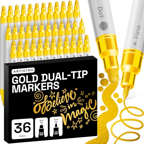 Image of ARTISTRO 36 Gold Dual-Tip Acrylic Paint Markers - Paint Pens Set with Dot & Fine Tips for Fabric, Rock, Glass, Wood, Coloring Books - Arts & Crafts Gift - Classroom Must Haves & School Supplies