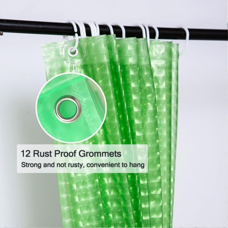 Miniatura 2 de Forro de cortina de ducha verde EVA, forros de ducha de plástico 3D 5G con 12 ojales de metal a prueba de óxido e imanes con peso, cortinas de ducha