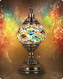 Yarra-Decor Turkish Moroccan Lamp with Bronze Base Handmade Tiffany Mosaic Glass Lamps Portable Bedside Lamps with Rechargeable Battery 2000mAh (LED Bulb Included)