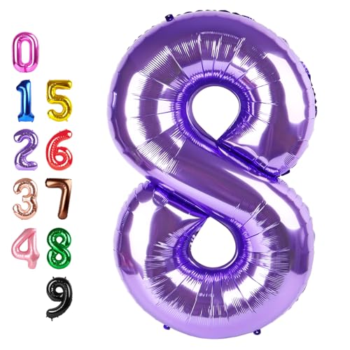 Image of Number Balloons 8 Balloon 40 inch Purple for 8th Birthday Party Decorations | Saturated Color, Large 40 in, With Straw & Hanging Hole, For Back-to-School Season, Wedding, Christmas, New Year, Anniversary